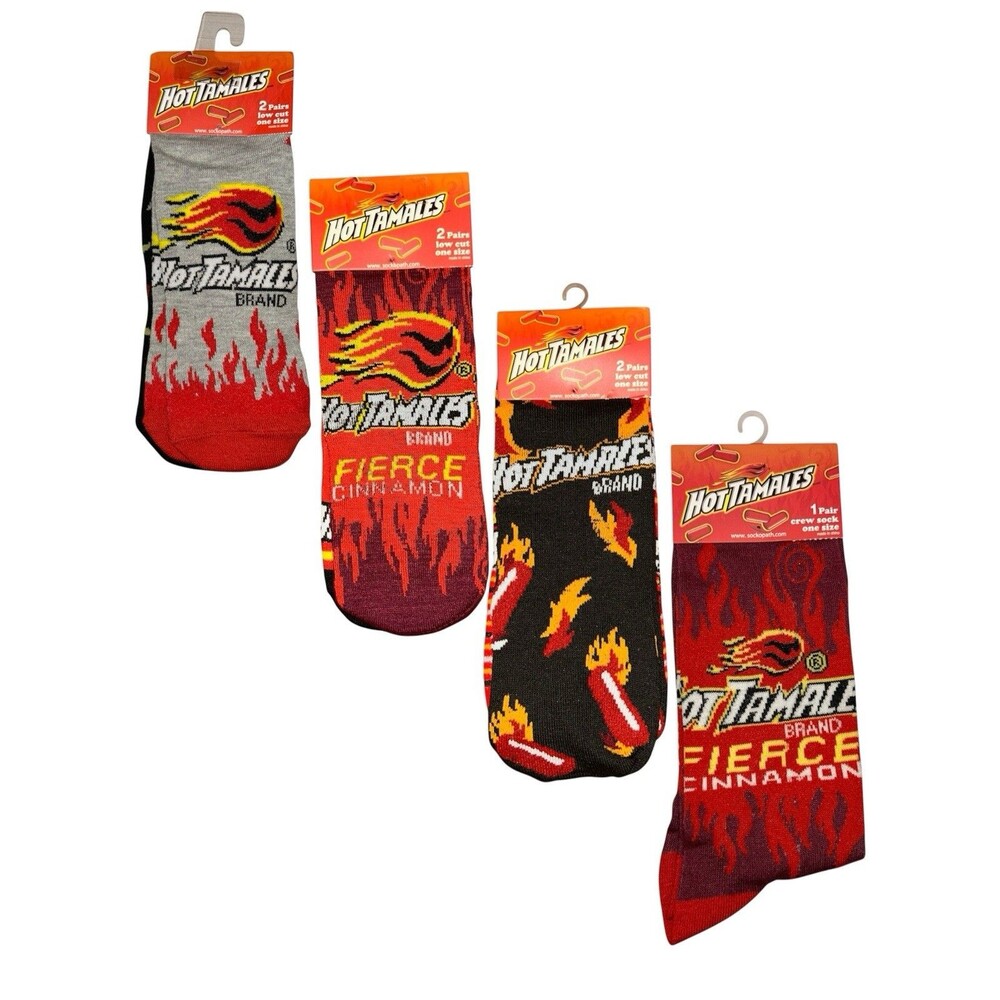 4x Hot Tamales Novelty Fun Crew Socks One Size 3-2Pair Low Cut and 1-1Pair Crew
